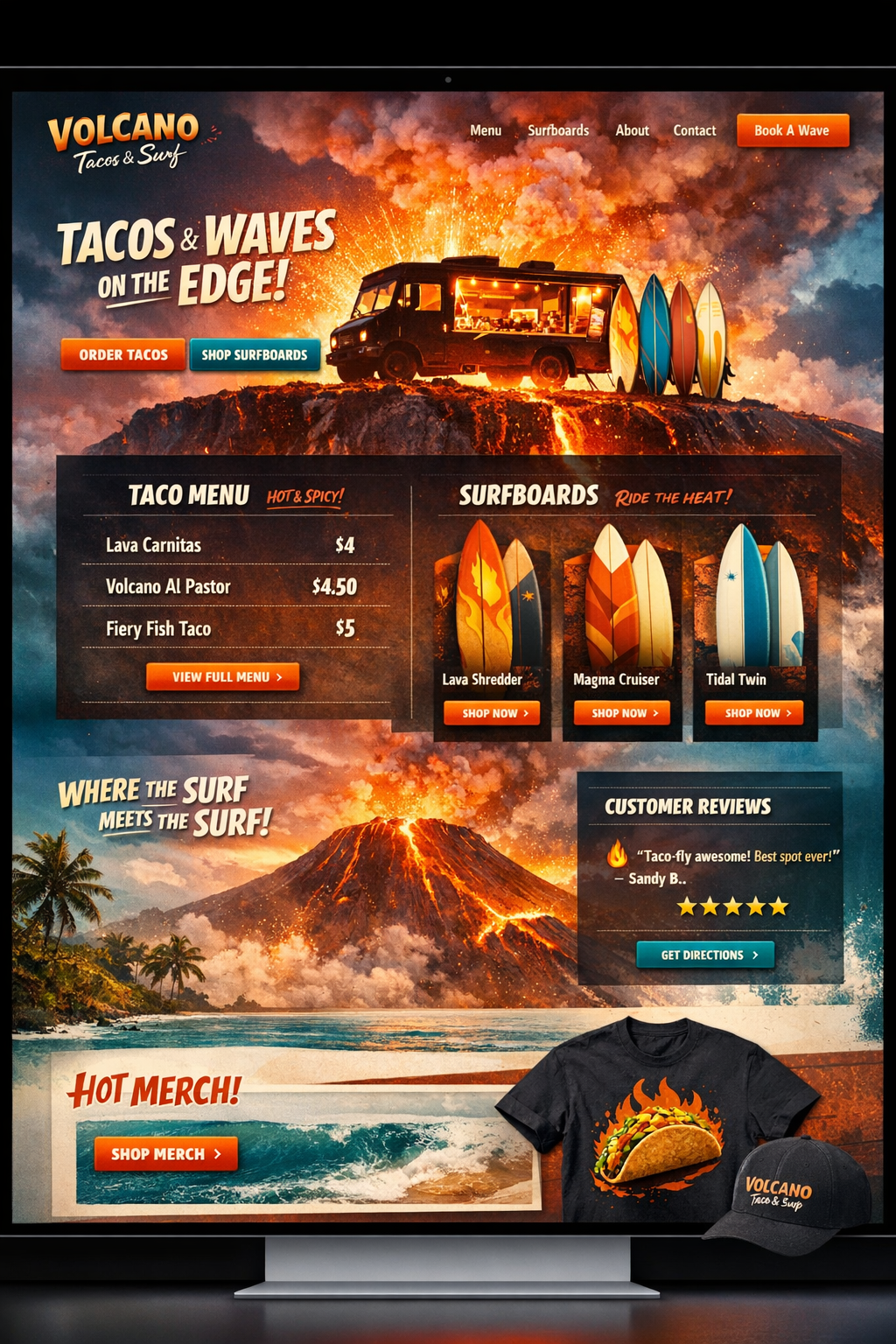 Website-style poster art of Volcano Tacos and Surf