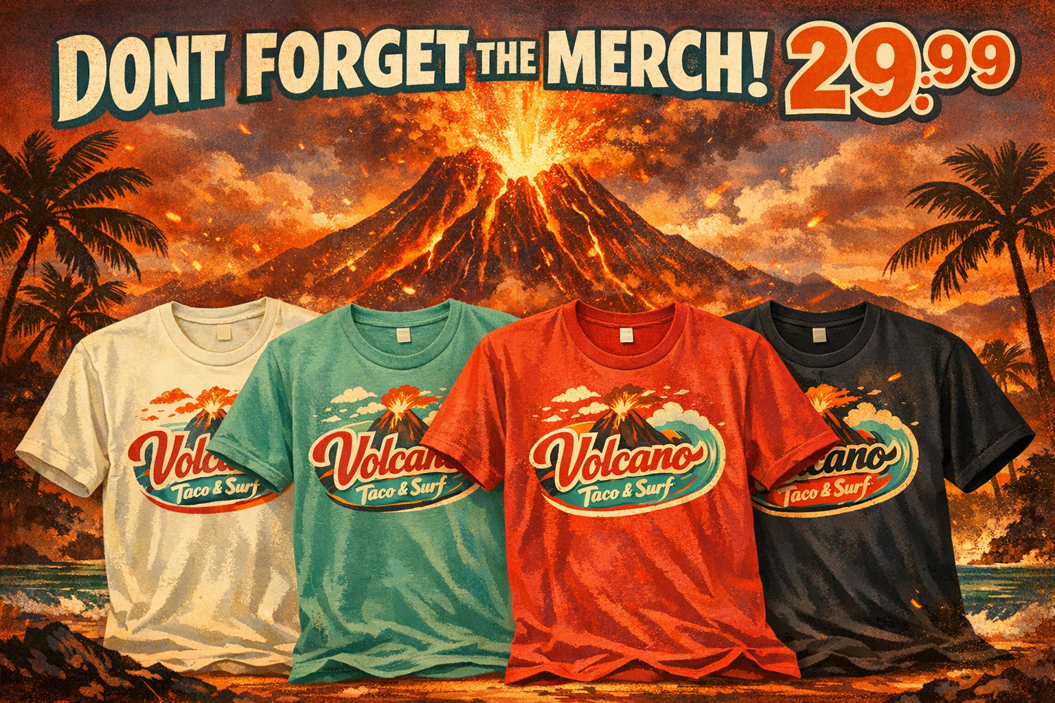 Volcano Taco and Surf merch postcard with four shirts and a fiery volcano background